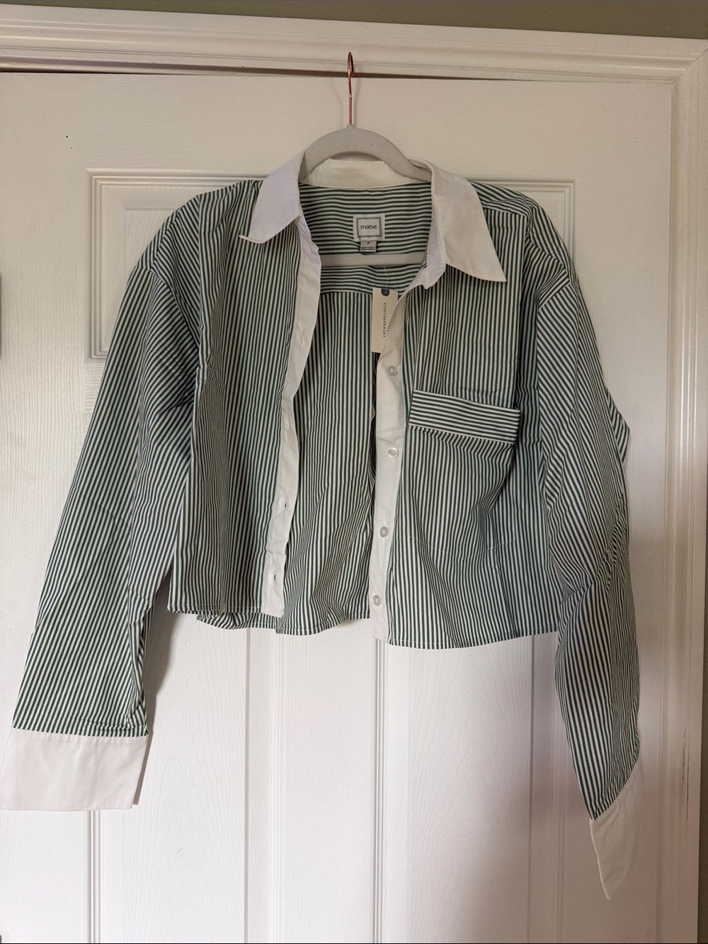 Striped Green and White Cropped Shirt Button Up Anthropologie NWT
